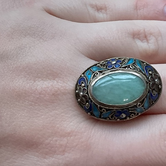 Vintage Chinese Export Jade Enamel Floral Adjustable Ring - Picture 11 of 13